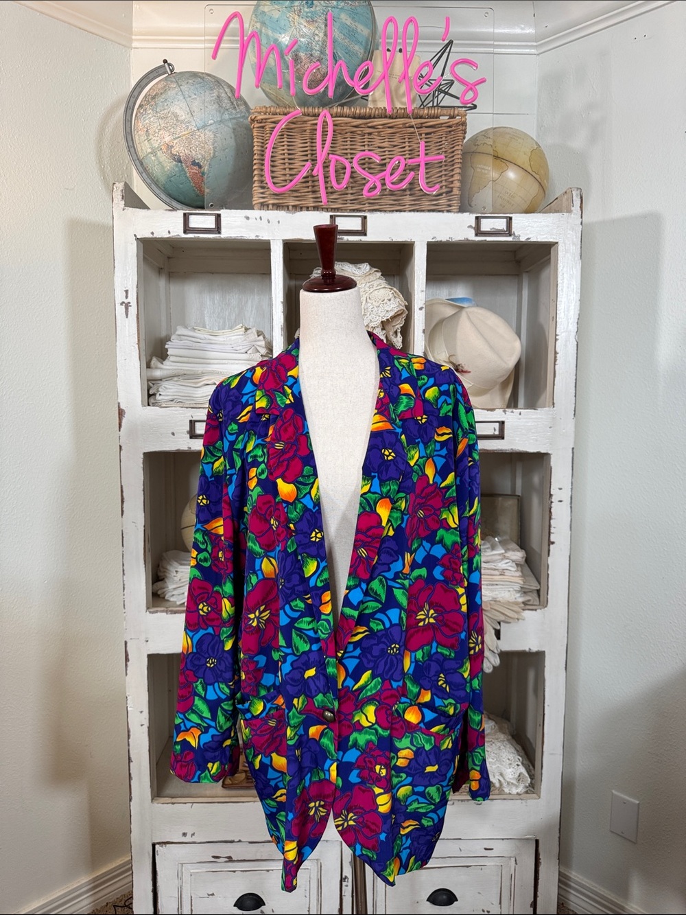 Vintage Susan Graver Vibrant Floral Open-Front Blazer - Purple, Green, Blue